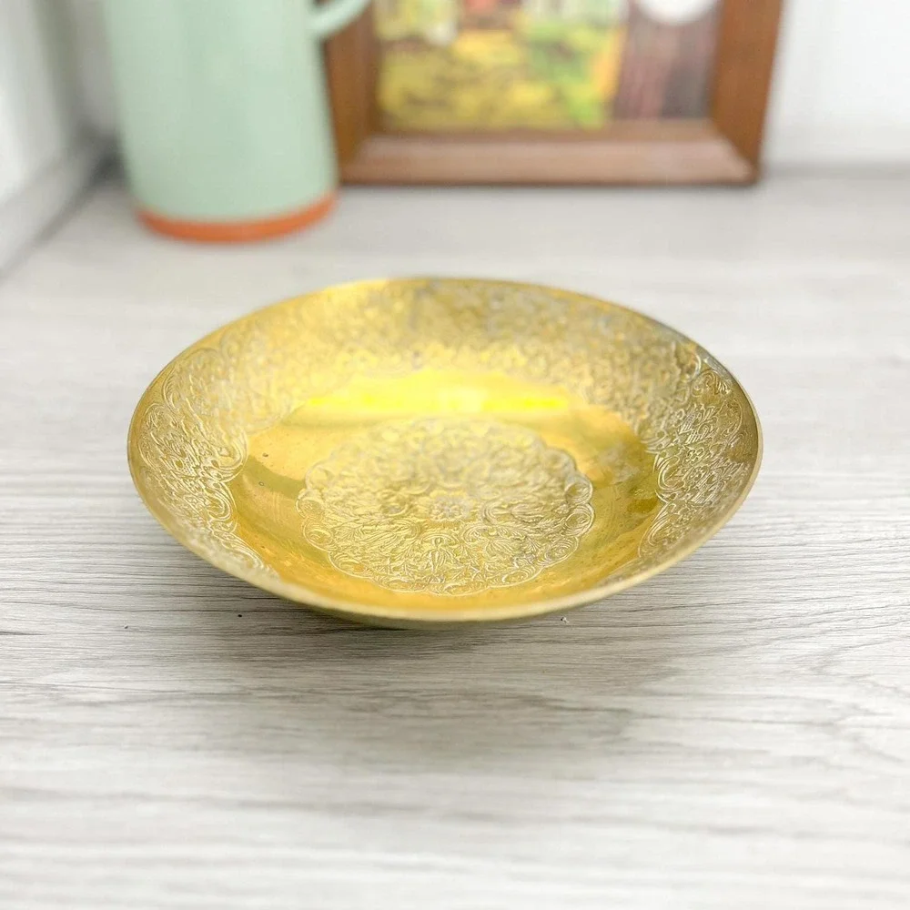 Vintage Etched Brass Bowl: Floral‎ Trinket Dish, Mid-Century Decor